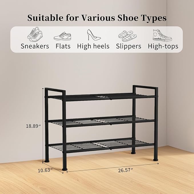 Simple 3 Tier Shoe Rack,Metal Stackable Shoe Storage Organizer for Closet,Entryway, Bedroom, Black (Black, 3-Tier)