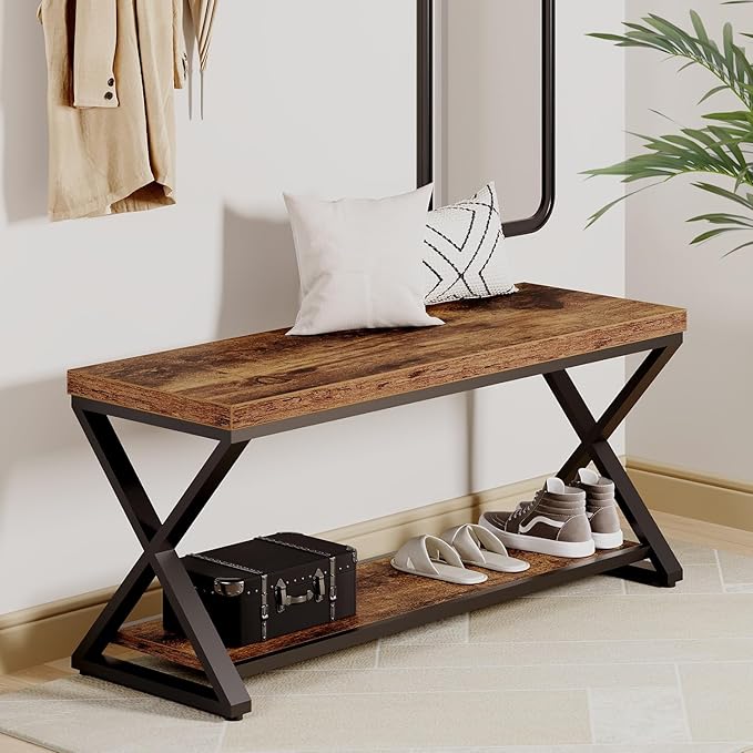 IBF Wooden Bench Indoor, Wood Entry Way Bench with Shoe Storage Rack for Entryway, Industrial Entryway Bench Seat for Foyer Bedroom Living Room Entrance Organization, Rustic Brown Oak, 39 Inch Long
