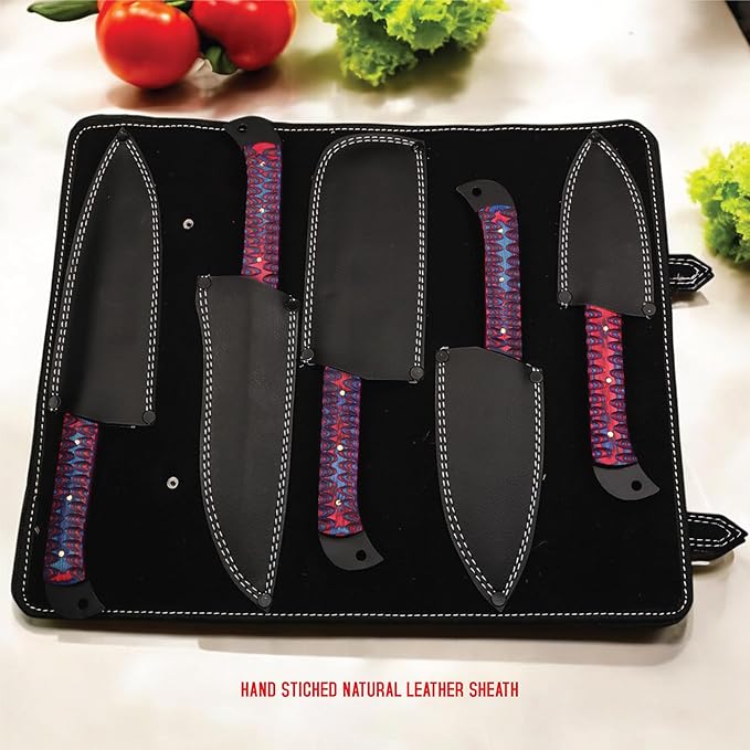 5 PCS Handmade Kitchen Chef Knife Set Hand Forged High Carbon Steel Blade Pakka wood Handle With Leather Bag Kit set included (Chef, Cleaver, Butcher, Paring, Fillet knife, Utility Knife) (Pakka Wood)