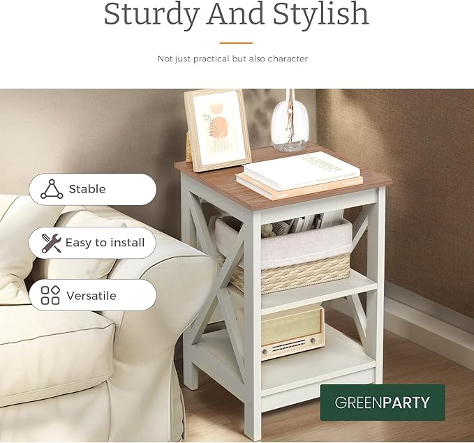 GREEN PARTY End Tables Living Room Set of 2,Side Tables with 3-Tier Storage Shelf, Small Nightstand for Bedroom, Wooden Frame,Small Coffee Table,White