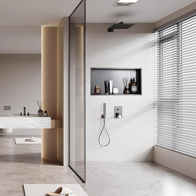 POPFLY No Tile Shower Niche, Stainless Steel Shower Niche 24"X12", Single Shelf No Tile Needed Recessed Bathroom Wall Niches, Dark Grey