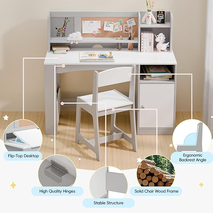 Kids Study Desk with Chair and Tiltable Desktop, Kids Stud Des and Chair Set with Hutch&Storage Cabinet, Wooden Children Study Table for 5-12 Years Old, Student Writing Desk for Bedroom (Grey)