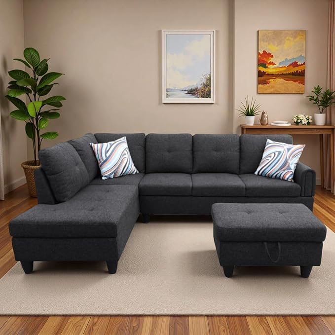L-Shaped Sectional Sofa with Movable Chaise & Storage Ottoman, Lounge 3-Piece Modular Convertible Couches for Living Room, Apartment & Office, Black Grey