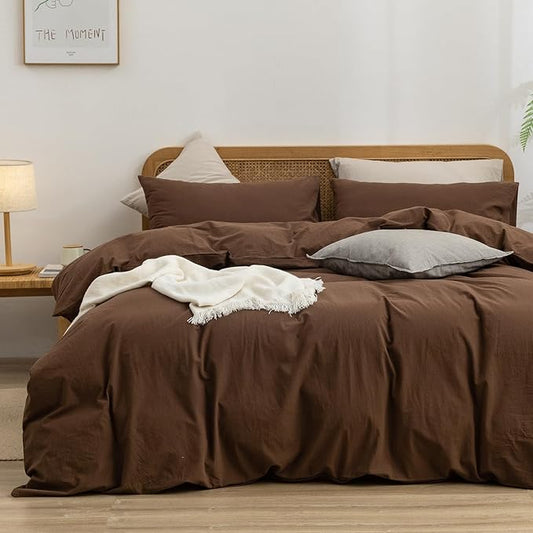 BESTOUCH Duvet Cover Set 100% Washed Cotton Linen Feel Super Soft Comfortable Chic Lightweight 3 PCs Home Bedding Set Solid Cocoa Brown King