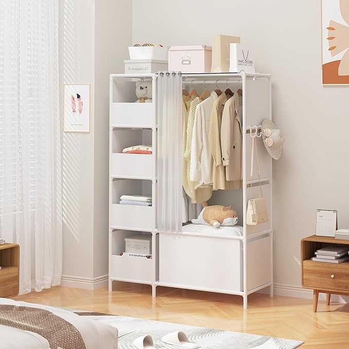MOYIPIN Portable Closet，Free Standing Wardrobe Closet with Hanging Rod and Curtain，Clothes Storage Organizer, for Cloakroom, Bedroom，40.55 x 16.73 x 65.35Inches，White