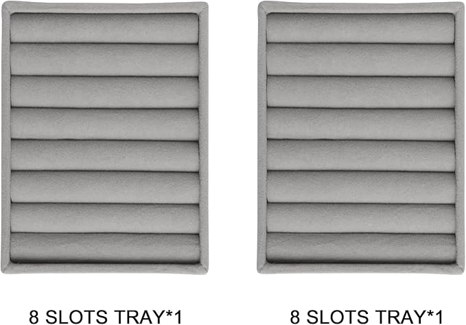 Frebeauty Small Jewelry Tray Set,Velvet Ring Organizer,Stackable Jewelry Organizer Tray,Mini Jewelry Drawer Organizer,4.92 x 3.74 x 0.9 Inches,7 Slots Ring Tray for Women(Set 2,Grey)