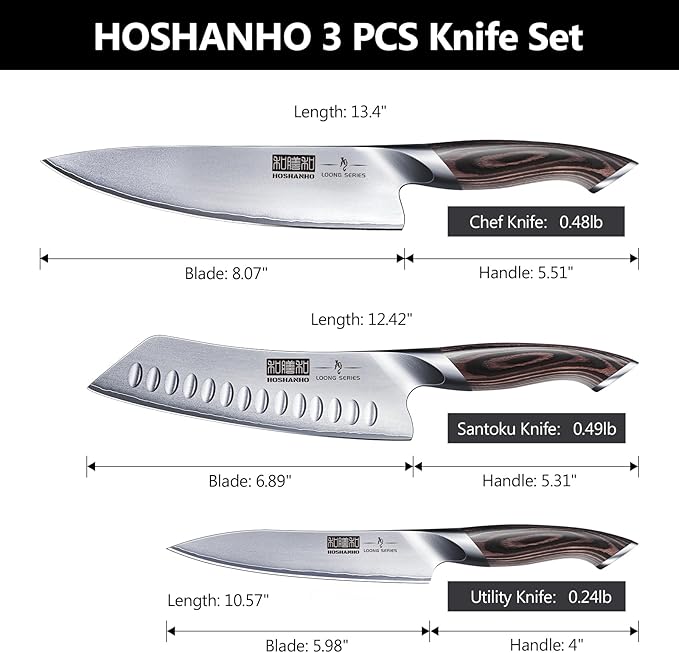 3 Pieces Knife Set, Professional Japanese High Carbon Stainless Steel Kitchen Knife Set, Ultra Sharp Chef Knives Sets with Ergonomic Pakkawood Handle