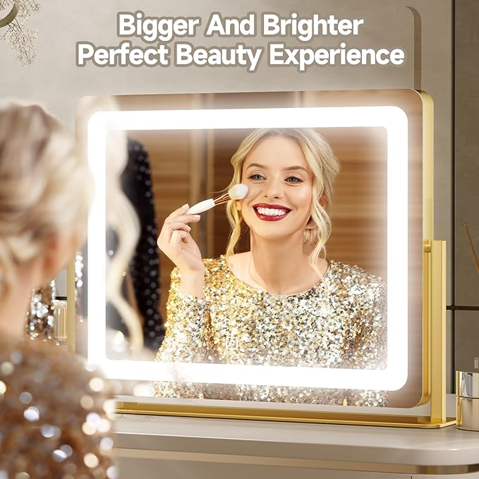 PRIMETEK Vanity Mirror with Lights, 22"x19" Large Makeup Mirror with Lights, Hollywood LED Lighted Makeup Mirror, Touch Sensor with 3-Color Lighting, Dimmable for Vanity Desk Tabletop, Bedroom, Gold