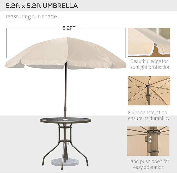 Outsunny 6 Piece Patio Dining Set for 4 with Umbrella, Outdoor Table and Chairs with 4 Folding Dining Chairs & Round Glass Table for Garden, Backyard and Poolside, Beige