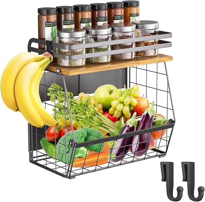 Magnetic Shelf for Fridge with Wood Lid, Large Capacity Wire Basket Magnetic Spice Rack for Refrigerator Kitchen Storage Bin for Fruit, Onion, Potatoes, Storage Organizer for Counter & Cabinet, Black