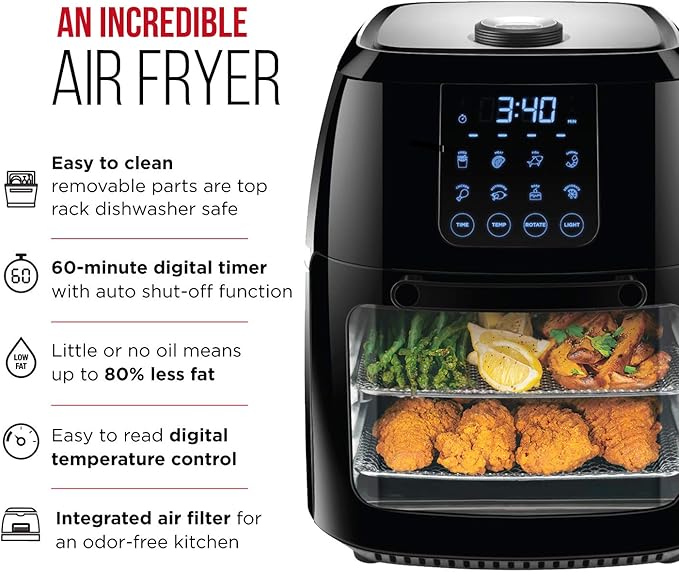 Chefman Compact 6.3-Qt 4-In-1 Digital Air Fryer+, Rotisserie, Dehydrator, Convection Oven, XL Family Size, 8 Touch Screen Presets, BPA-Free, Auto Shutoff, Accessories Included, Black