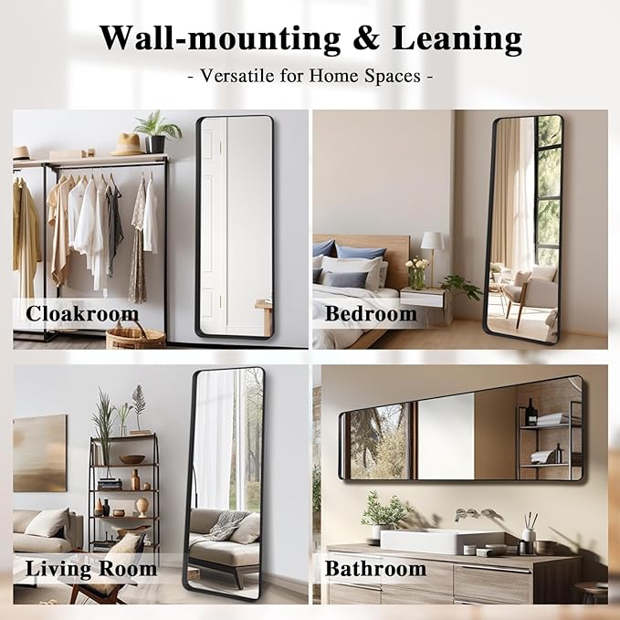 Rectangle Mirror Full Length 24" x 71" Large Floor Mirror Black Metal Deep Frame Wall Mounted Hanging Mirror for Home Decor Leaning Wall Full Body Dressing Mirror for Closet Bedroom