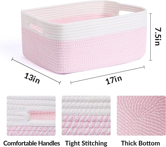 Large Storage Baskets for Shelves, Closet Organizers Bins for Clothes Blanket Towels, Baby Nursery, Toy Baskets Box, Woven Rope Baskets, 17 x 13 x 7.5”, 2 Packs Woven Pink