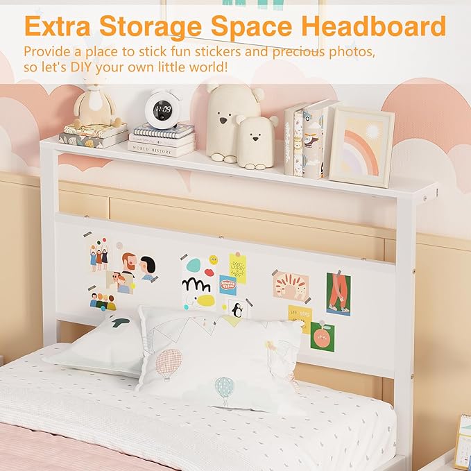 Weehom Twin Bed Frames for Kids, Twin Size Bed Frames with Wood Headboard Shelf - No Box Spring Needed White Metal Platform Bed for Girls, Boys and Students