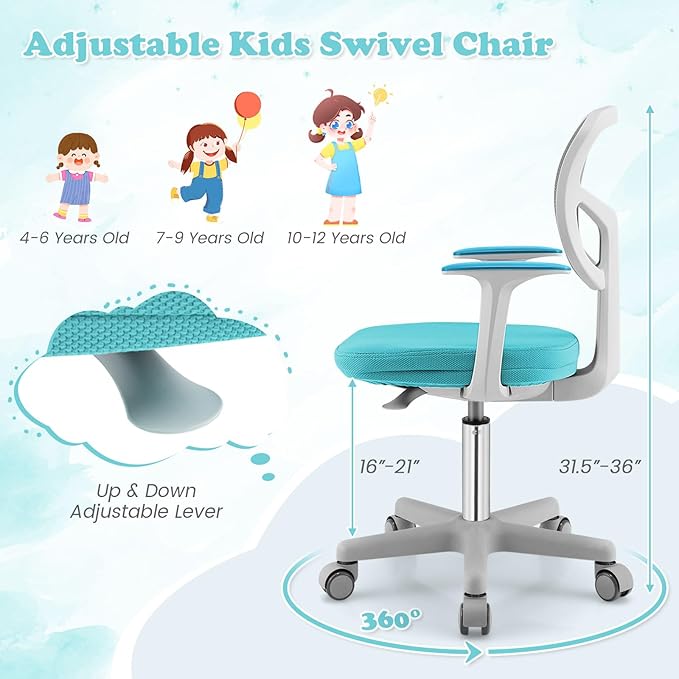 Giantex Kids Desk Chair, Children Computer Chair with Wheels and Y-Shaped Lumbar Support, Mesh Kids Office Chairs, Height Adjustable Desk Chair for Girls Boys Aged 4-13, Turquoise