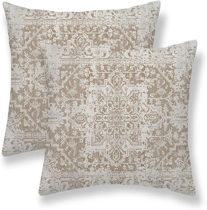 Boho Pillow Covers 22x22 Set of 2, Brown Beige Carpet Pattern Outdoor Decorative Throw Pillows Ethnic Rustic Farmhouse Cushion Cases Linen Gifts for Couch Sofa Decor