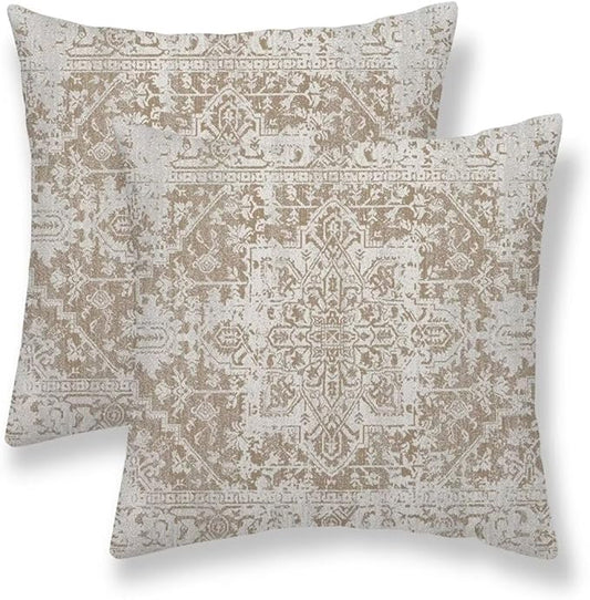 Boho Pillow Covers 22x22 Set of 2, Brown Beige Carpet Pattern Outdoor Decorative Throw Pillows Ethnic Rustic Farmhouse Cushion Cases Linen Gifts for Couch Sofa Decor