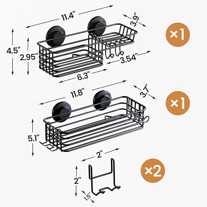 LEVERLOC Shower Caddy Suction Cup, 2 Pack suction shower shelf with Hooks & Soap holder, NO-Drilling Bathroom Holder, Rustproof bathroom organizer, Black