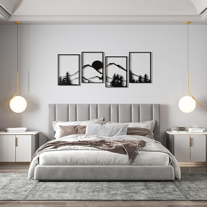 Art3d Black Metal Wall art, 4 Pieces Wall Decor for Living Room Bedroom Hallway Hotel, Natural Mountain Pattern Wall Art Style, Line Art Wall Décor