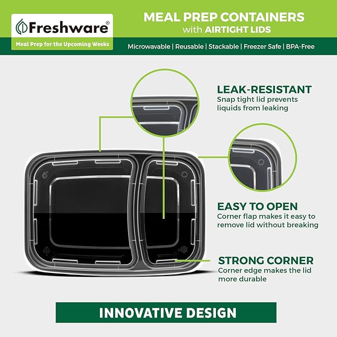 Freshware Meal Prep Containers [15 Pack] 2 Compartment with Lids, Food Storage Containers, Bento Box, BPA Free, Stackable, Microwave/Dishwasher/Freezer Safe (28 oz)