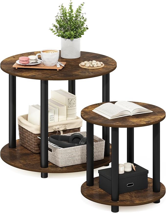 Furinno Turn-N-Tube Simple Design 2-Tier Round Wooden Small Coffee Table, Amber Pine