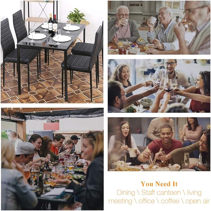 PayLessHere Dining Room Table Set 5-Piece Kitchen with 4 Faux Leather Metal Frame Chairs Rectangular Modern for Small Spaces w/Glass Tabletop Kitchen Table and Chairs, Black Glass