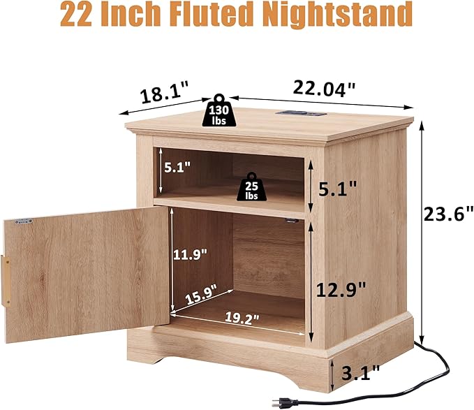 Fluted Nightstand with Charging Station, 22" Large Modern Side Table, Wood End Table w/Open Shelf & Spacious Tabletop, Bedside Table with Storage Space for Bedroom, Living Room (Natural)