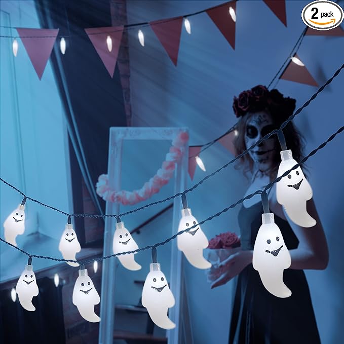 YOUNGAR Solar Halloween Ghost String Lights,2PACK 20ft 30 LED with 8 Modes Waterproof Solar String Lights,Outdoor Fairy Lights for Patio,Garden,Gate,Yard,Halloween Christmas(2Pack,Ghost)