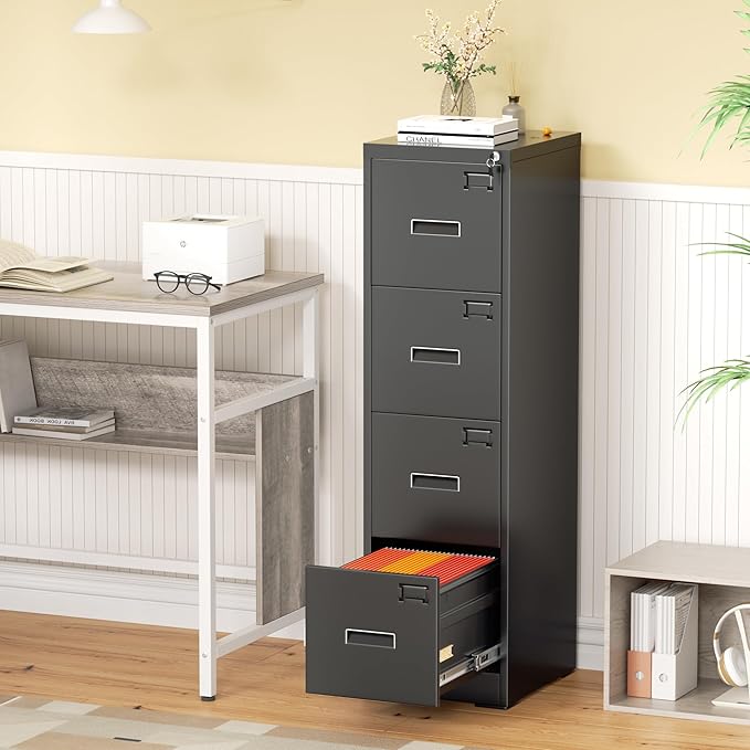 Greenvelly 4 Drawer File Cabinet,Locking Metal Vertical File Cabinet,Office Steel Filing Cabinet for Hanging Letter/Legal Folders,Assembly Required,Black,18" D x 15" W x 52" H