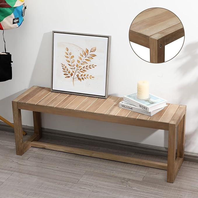 Wnutrees Farmhouse Solid Wood Bench, 43" Line Pattern Splicing Entryway Bench, Narrow Bench Seat for Living Room, Dining Room, Bathroom, Indoors, Natural