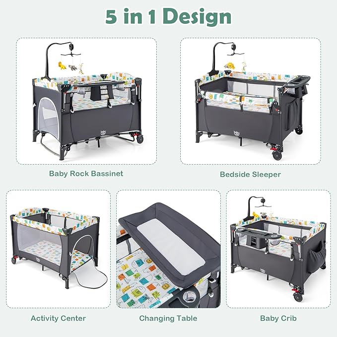 BABY JOY 5-in-1 Pack and Play, Baby Bedside Sleeper with Bassinet, Multifunction Bedside Crib from Newborn to Toddlers, U-Shaped Diaper Changer, Playard, Safety Strap, Music Box & Hanging Toys