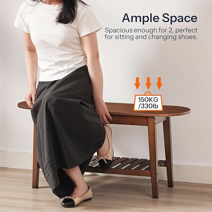 HOOBRO Dining Bench, 2-Tier Bamboo Farmhouse Entryway Bench, Indoor Storage Wooden Bench for Living Room, Dining Room, Hallway, Bedroom, Entryway, Bathroom, Brown BR06CD01