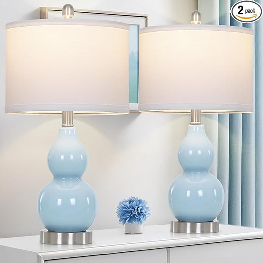 22" Double Gourd Ceramic Table Lamps Set of 2, Blue Modern Bedside Lamps for Living Room, Contemporary Nightstand Desk Lamps for Bedroom End Table Home Office Study Room Decor(2 LED Bulbs Included)