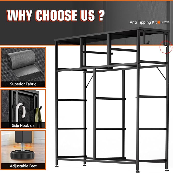 10 Drawer Dresser, Chest of Drawers for Bedroom, Fabric Dresser Drawers with Side Pockets, Hooks, Wooden Top and Sturdy Metal Frame for Living Room, Closet, Hallway, Nursery (Grey)