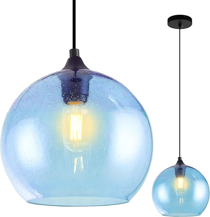 Blue Pendant Lights Kitchen Island Lighting Modern Globe Hand Blown Glass Pendant Light Ceiling Hanging Light fixtures for Kitchen Island Bedroom Living Dining Room Light Fixture,9.8in