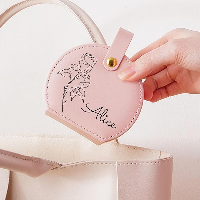 Personalized Travel Jewelry Case, Custom Leather Customized Jewelry Organizer Box w/Name & Birth Flower Month - Birthday Gifts for Women Mom Jewelry Travel Case