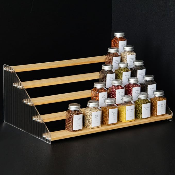nianfeng Tiered Spice Rack, 5-Tier Spice Pantry Kitchen Cabinet Organizer, 19.9-Inch, Natural Wood Acrylic Stair Riser Stand, Countertop Seasoning Shelf