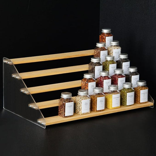 nianfeng Tiered Spice Rack, 5-Tier Spice Pantry Kitchen Cabinet Organizer, 19.9-Inch, Natural Wood Acrylic Stair Riser Stand, Countertop Seasoning Shelf