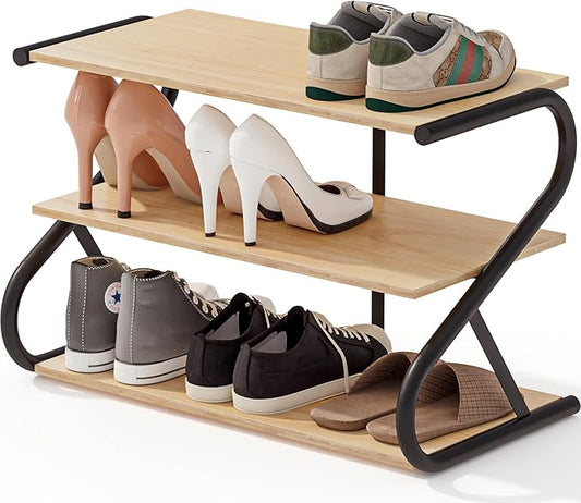 Shoe Rack, Z-Frame Wooden 3-Tier Shelf with Durable Metal Shelves, Shoe Organizer for High Heels, Hallway, Living Room, Closet, Bedroom (Natural Wood)