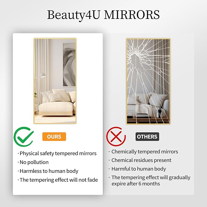 Beauty4U 65" x 24" Full Length Mirror with Stand, Gold Wall Mounting Full Body Mirror, Metal Frame Full-Length Tempered Mirror for Living Room, Bedroom