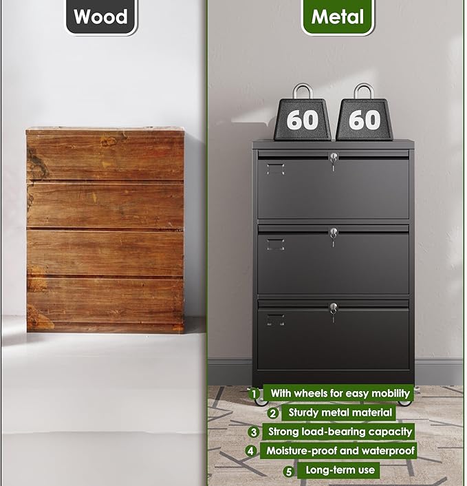 Aobabo 3 Drawer Wide File Cabinet with Wheels, Lockable Metal Filing Cabinet for Home Office, Legal/Letter Size,Black,Required Assembled,15.87" D x 28.94" W x40.48 H