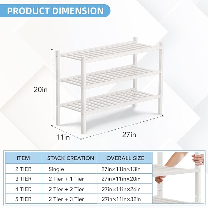 3 Tier Bamboo Shoe Rack Storage Organizer for Closet, Multifunctional Stackable Free Standing Shoe Shelf Organizer for Small Space,Entryway, Hallway, Bathroom27 x11 x20 (White, 3 Tier)