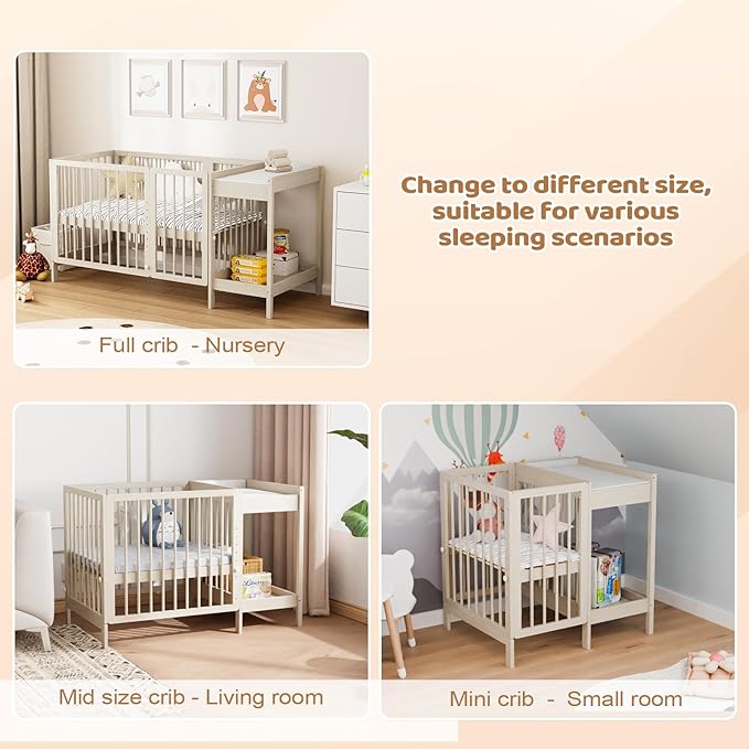 JOYMOR 8 in 1 Convertible Crib with Changer, Include 2” Mattress, Converts to Bassinet, Mid Crib, Full Size Crib, Daybed,Toddler Bed and Playard (Crib with Changer, Washed Natural)