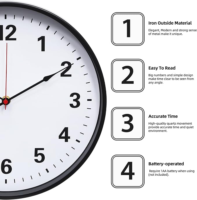LEIKE Metal Wall Clock 12IN Black, Retro Silent Quartz Battery Operated, Decorative for Patio, Kitchen, Living Room, Bedroom, Pool