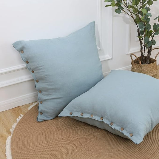 Simple&Opulence 100% Washed Linen Euro Sham Cover, 26 x 26 Inch, Decorative Bed Pillow Cover with Coconut Button, Solid Color Pillow Shams Set of 2 (Dusty Blue)
