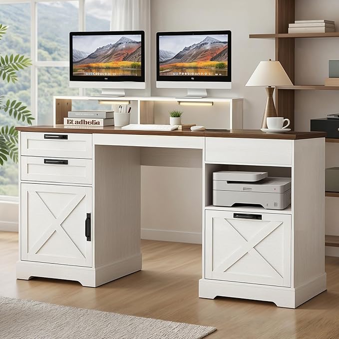 63" Executive Desk, Home Office Desk with Lift Top, Farmhouse Gaming Desk with File Drawer, Charging Station, Sensor Lights Wood Computer Table with Monitor Stand (White)