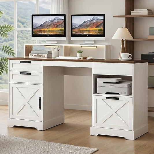 63" Executive Desk, Home Office Desk with Lift Top, Farmhouse Gaming Desk with File Drawer, Charging Station, Sensor Lights Wood Computer Table with Monitor Stand (White)