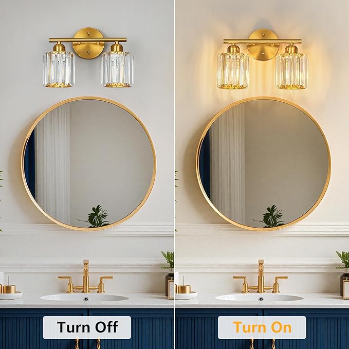 Modern 2 Light Crystal Vanity Light, Brushed Gold Vertical Bathroom Light Fixture Over Mirror for Dressing Table Sink, Compatible with Dimmable Bulbs (Bulbs Not Included)