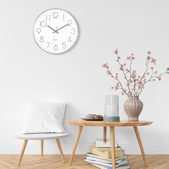 Foxtop 14 Inch Large Silver Wall Clock Silent Non-Ticking Battery Operated Round Quartz Modern Wall Clock Decorative for Living Room Bedroom Kitchen Home Office
