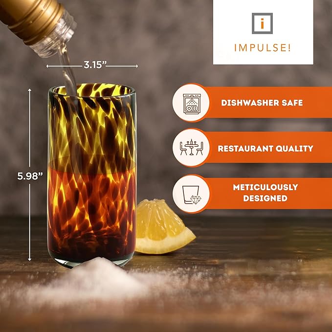 IMPULSE! Tortoise Leopard Print Brown 16 oz. Highball Rocks Glasses, Set of 4 - Stylish Stemless Cocktail Cups Glass - Ideal Glassware Tumbler for Gin, Tequila, Vodka, Soft Drinks